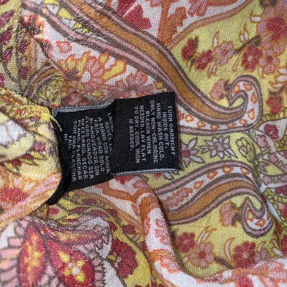 Sharagano Womens Shirt Size Small Yellow Pink Orange Geometric Print Top Crochet - Picture 6 of 6